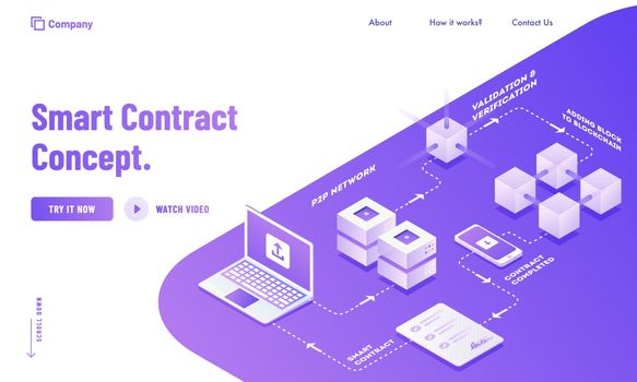 Digital Smart Contract landing page design with isometric concep