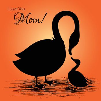 Silhouette of duck animal as mother and daughter on shiny orange