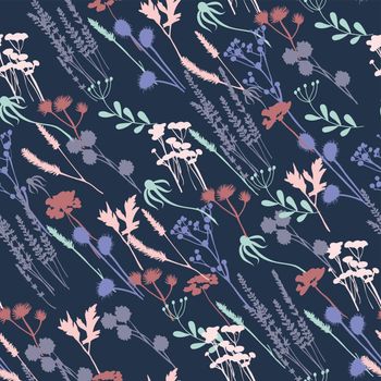Vector Hand drawn seamless pattern with meadow flowers and herbs on Dark blue background. Elegant template for textile, wallpaper, fashion and all prints on hand drawing style.