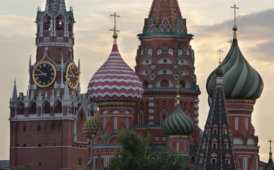 Moscow Russia View on Kremlin Towers and St  Basil Cathedral.