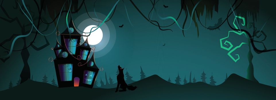 Dark, Full Moon Night header or banner design with hunted home a