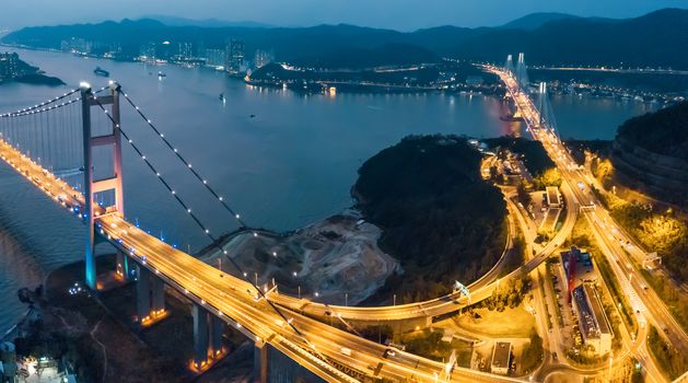 Tsing Ma Bridge at sunset in Hong Kong. Drone Shoot