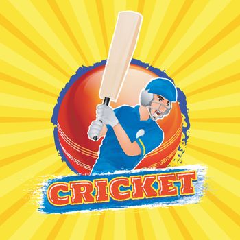 Cricket player in playing action on yellow rays background for c