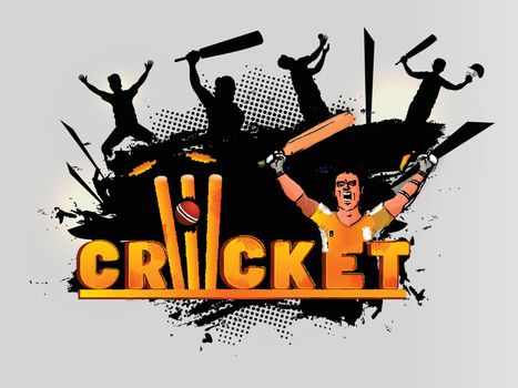 3D text Cricket with batsman character and silhouette of cricket