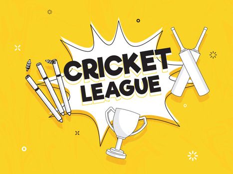 Cricket League poster or flyer with winning trophy, wicket and b