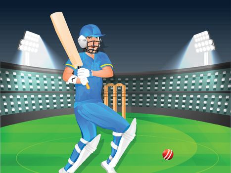 Vector illustration of cricket batsman on night stadium view bac