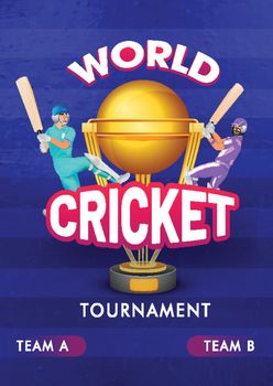 Two batsman in playing pose on blue background for World Cricket