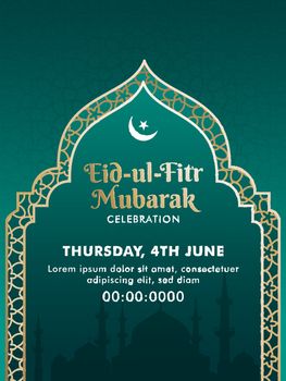 Eid-Ul-Fitr Mubarak Celebration invitation card design with date, time and venue details.