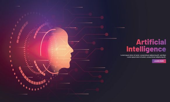 Responsive web banner design with illustration of human face on hi tech background for Artificial Intelligence (AI) concept.