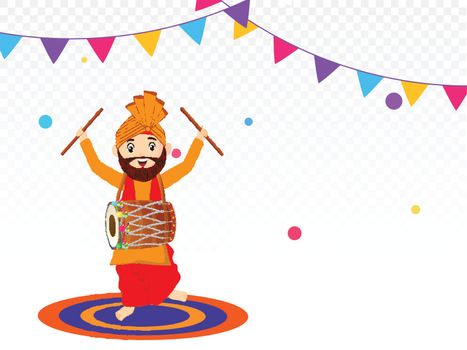 Cute punjabi man dancing while playing drum, on decorative png b