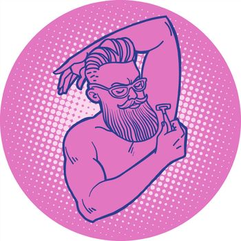 bearded hipster man shaves his armpit with a razor