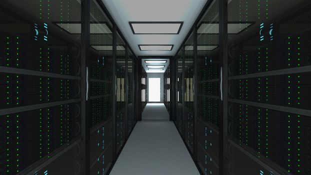 Modern server room interior in datacenter, web network and internet telecommunication technology, big data storage and cloud service concept, 3d rendering