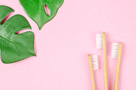 Bamboo toothbrushes and green leaves on pink background.