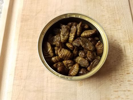 metal can of bugs or insects on wood cutting board