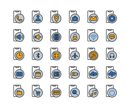 Smartphone functions and apps filled outline icon set. Vector an