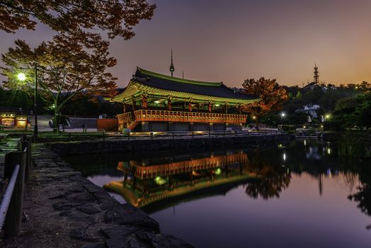 Namsan Tower in an ancient village at the River Pavilion in Seoul, South Korea
