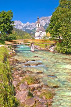 Sankt Sebastian pilgrimage church with alpine turquoise river al