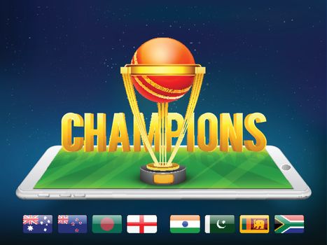 3D Golden Text Champions with Trophy for Cricket.