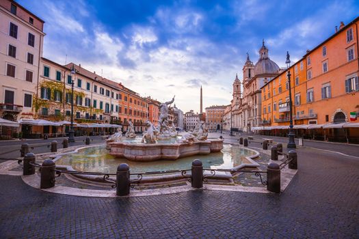 Rome. Piazza Navona square fountains and church dawn view in Rom