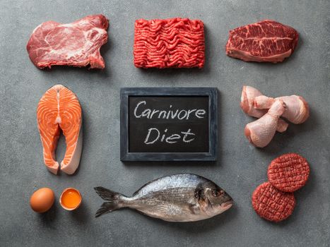 Carnivore diet, zero carb concept, top view