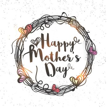 Happy Mother's Day lettering in hearts decorated rounded frame. Creative hand drawn greeting card design.