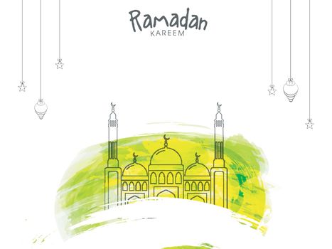 Line Art style Mosque with abstract brush strokes on hanging stars and lamps decorated background for Islamic Holy Month, Ramadan Kareem celebration.