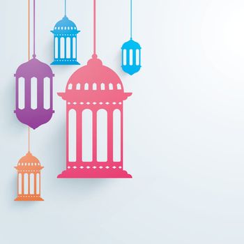 Colorful hanging lanterns for Islamic Holy Month, Ramadan Kareem celebration.