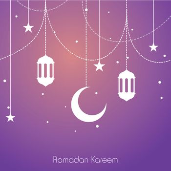 Islamic Holy Month, Ramadan Kareem greeting card decorated with hanging lamps, moon and stars on shiny purple background.