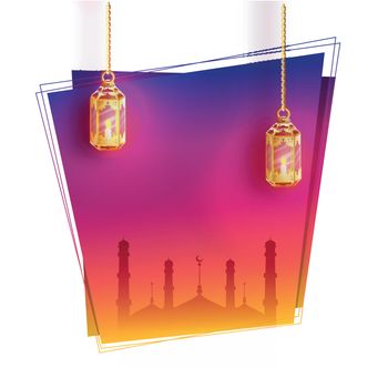 Creative Islamic background with silhouette of Mosque and hanging illuminated lamps decoration.