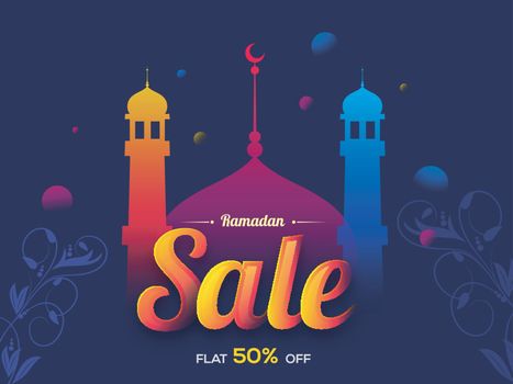 Ramadan Kareem background with colorful mosque and floral design decoration, Can be used as Sale poster, banner or flyer design.