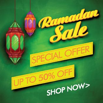 Ramadan Sale with Special Discount Offer. Creative green background with hanging lamps decoration for Muslim Community Festivals celebration.