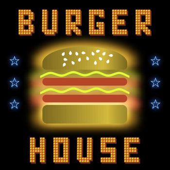 Burger House Neon Colorful Sign on Black Background. Fast Food Sign.