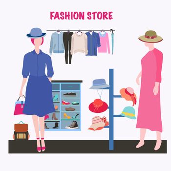 Vector hand-drawn Boutique indoor Fashion store. Modern clothing store interior with Fashion clothes and accsesories. Hat and shoes for women, summer collection.  
