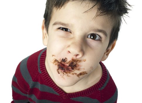 Smiling little boy eating chocolate