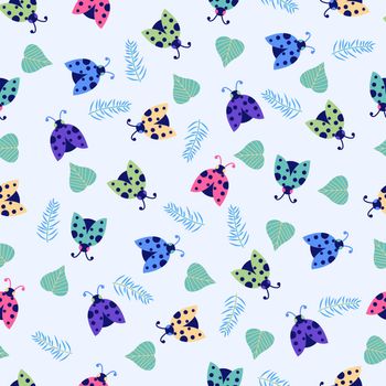 Cute Ladybugs with leaves seamless pattern background. 