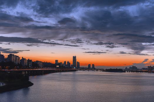 The skyline of the city at the Han River in the heart of Seoul a