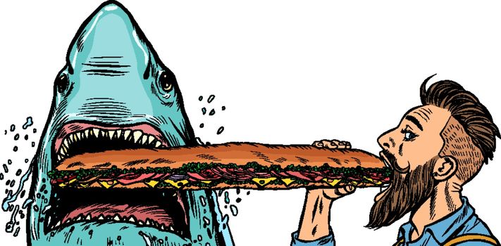 shark and man eating fast food sandwiches. Hunger and street food concept.