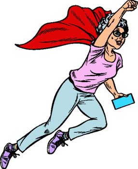 superhero flying active strong Woman grandmother pensioner elderly lady. Pop art retro vector illustration drawing vintage kitsch