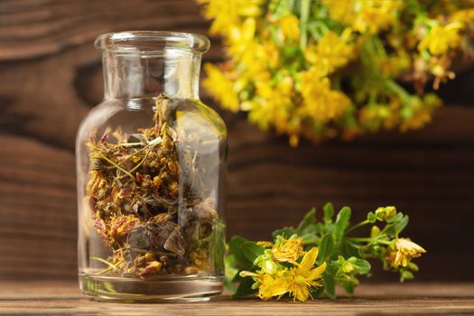 Concept of homeopathy and herbal treatment - dried Hypericum perforatum know as tutsan or Saint-Johns-wort in a bottle