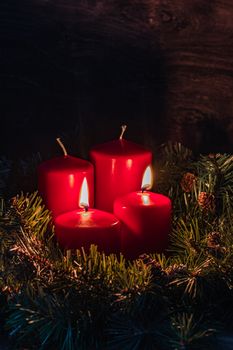 Two Advent burning candles, christmas decoration, postcard concept