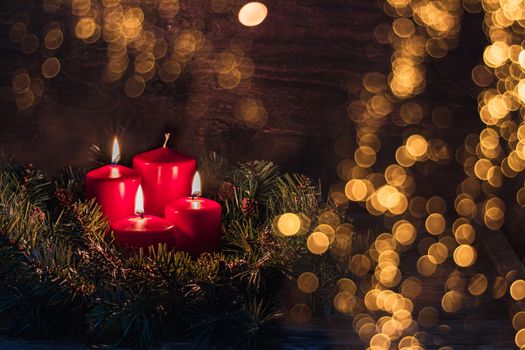 Three Advent burning candles, christmas decoration, postcard concept