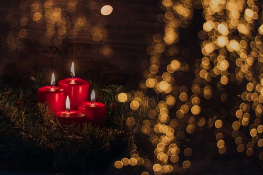 Four Advent burning candles, christmas decoration, postcard concept