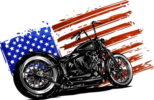 Hand drawn and inked vintage American chopper motorcycle with american flag