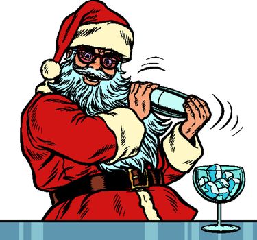 Santa Claus makes Christmas cocktail with ice for new year party. Santa Claus character merry Christmas and happy new year. Pop art retro vector illustration vintage kitsch drawing 50s 60s