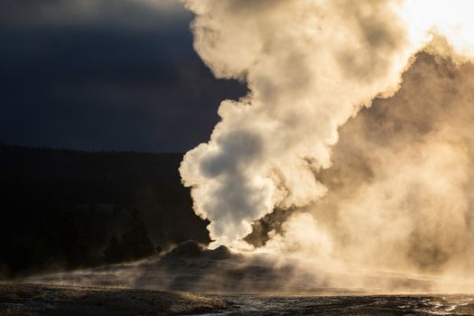 Old Faithful geyser exploded smoke with warm sunlight in early m