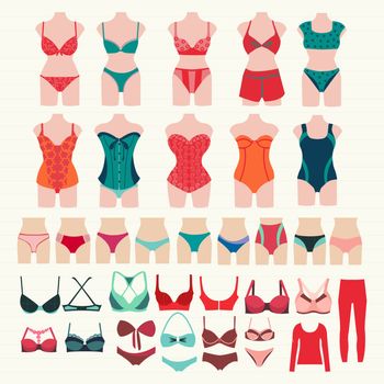 Vector hand drawn set of Different types icons of underwears illustration. Collection of lingerie, Panty, bra  and Body. 