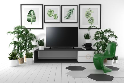 TV on the cabinet in tropical living room on white wall backgrou