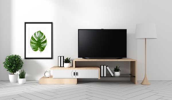 Smart Tv Mockup with blank black screen hanging on the cabinet a