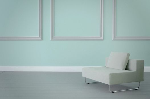 Minimalist interior ,white armchair on light blue wall. 3d rende