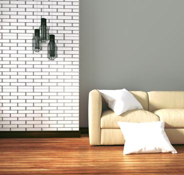 White brick room - loft style. 3D renderin
